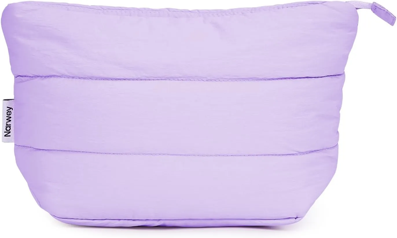 Narwey Puffy Makeup Bag for Purse Travel Women Girl, Puffer Cosmetic Bag Makeup Zipper Pouch, Cute Make Up Organizer Bags, Travel Toiletry Bag Toiletries (Light Pruple)