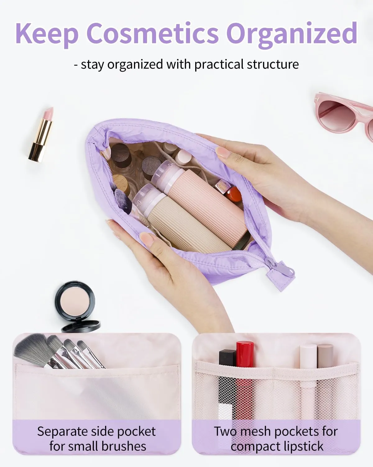 Narwey Puffy Makeup Bag for Purse Travel Women Girl, Puffer Cosmetic Bag Makeup Zipper Pouch, Cute Make Up Organizer Bags, Travel Toiletry Bag Toiletries (Light Pruple)