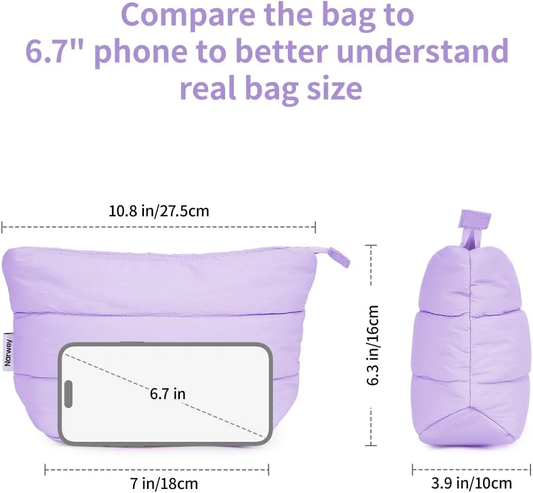 Narwey Puffy Makeup Bag for Purse Travel Women Girl, Puffer Cosmetic Bag Makeup Zipper Pouch, Cute Make Up Organizer Bags, Travel Toiletry Bag Toiletries (Light Pruple)