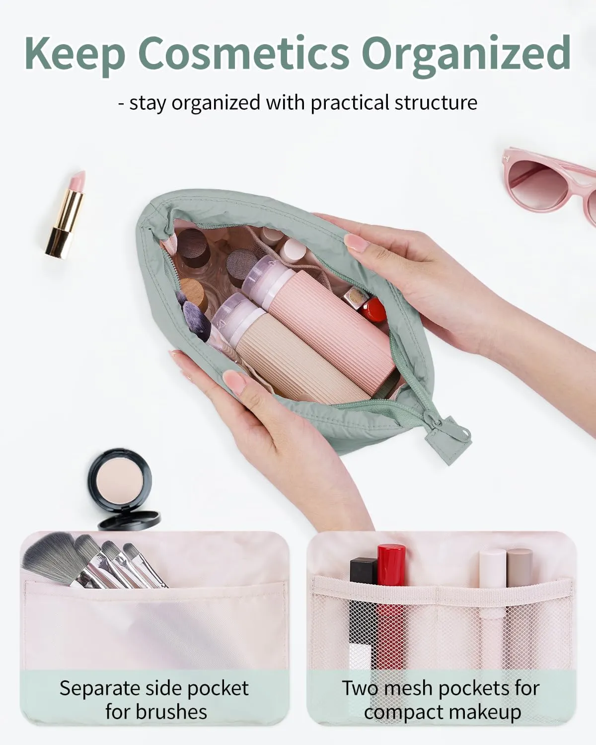 Narwey Puffy Makeup Bag for Purse Travel Women Girl, Puffer Cosmetic Bag Makeup Zipper Pouch, Cute Make Up Organizer Bags, Travel Toiletry Bag Toiletries (Sage Green)