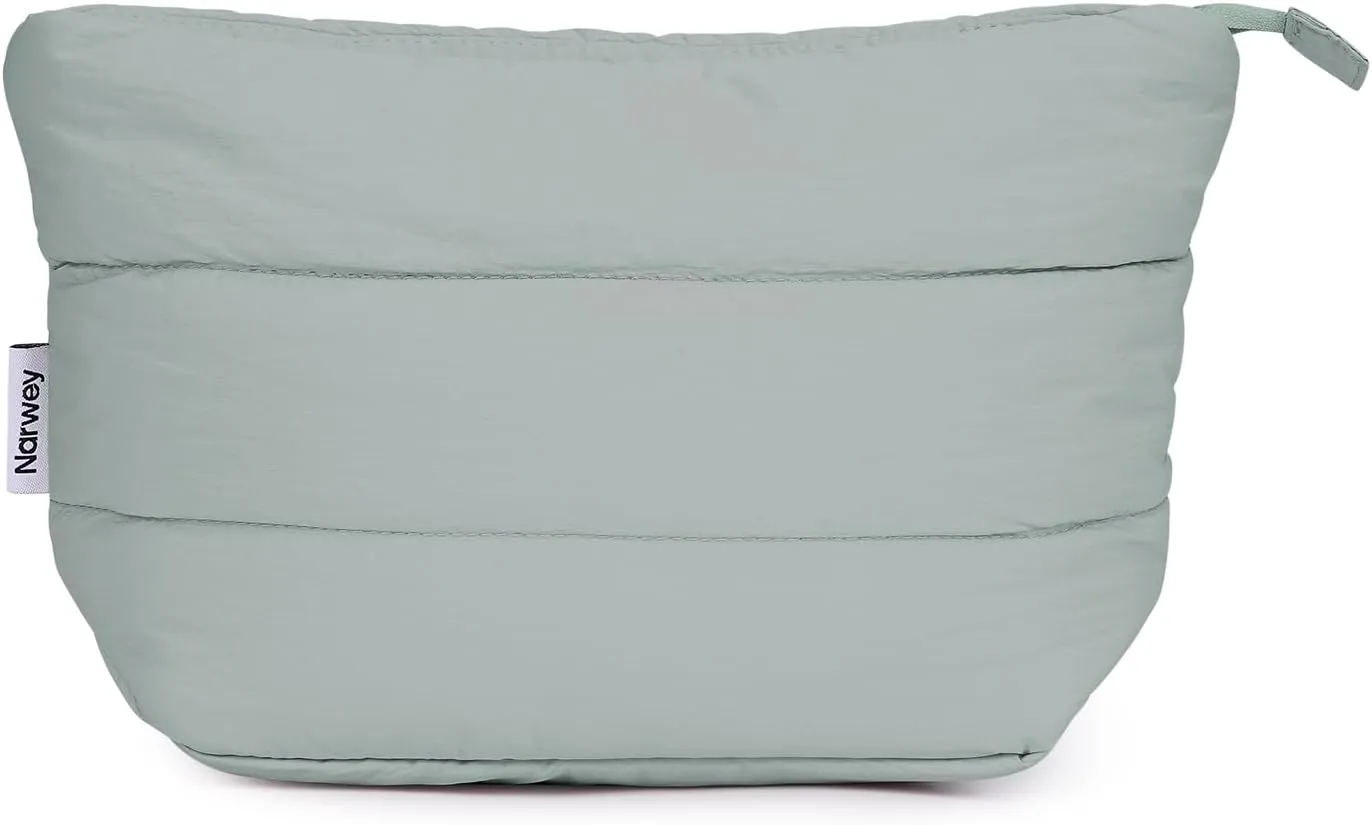 Narwey Puffy Makeup Bag for Purse Travel Women Girl, Puffer Cosmetic Bag Makeup Zipper Pouch, Cute Make Up Organizer Bags, Travel Toiletry Bag Toiletries (Sage Green)
