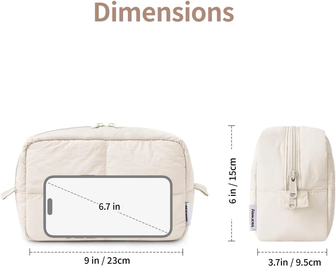 Narwey Puffy Makeup Bag for Travel Women Girl, Quilted Makeup Bag Cosmetic Bag, Cute Puffer Make Up Organizer Bags, Travel Toiletry Bag Toiletries (Beige)