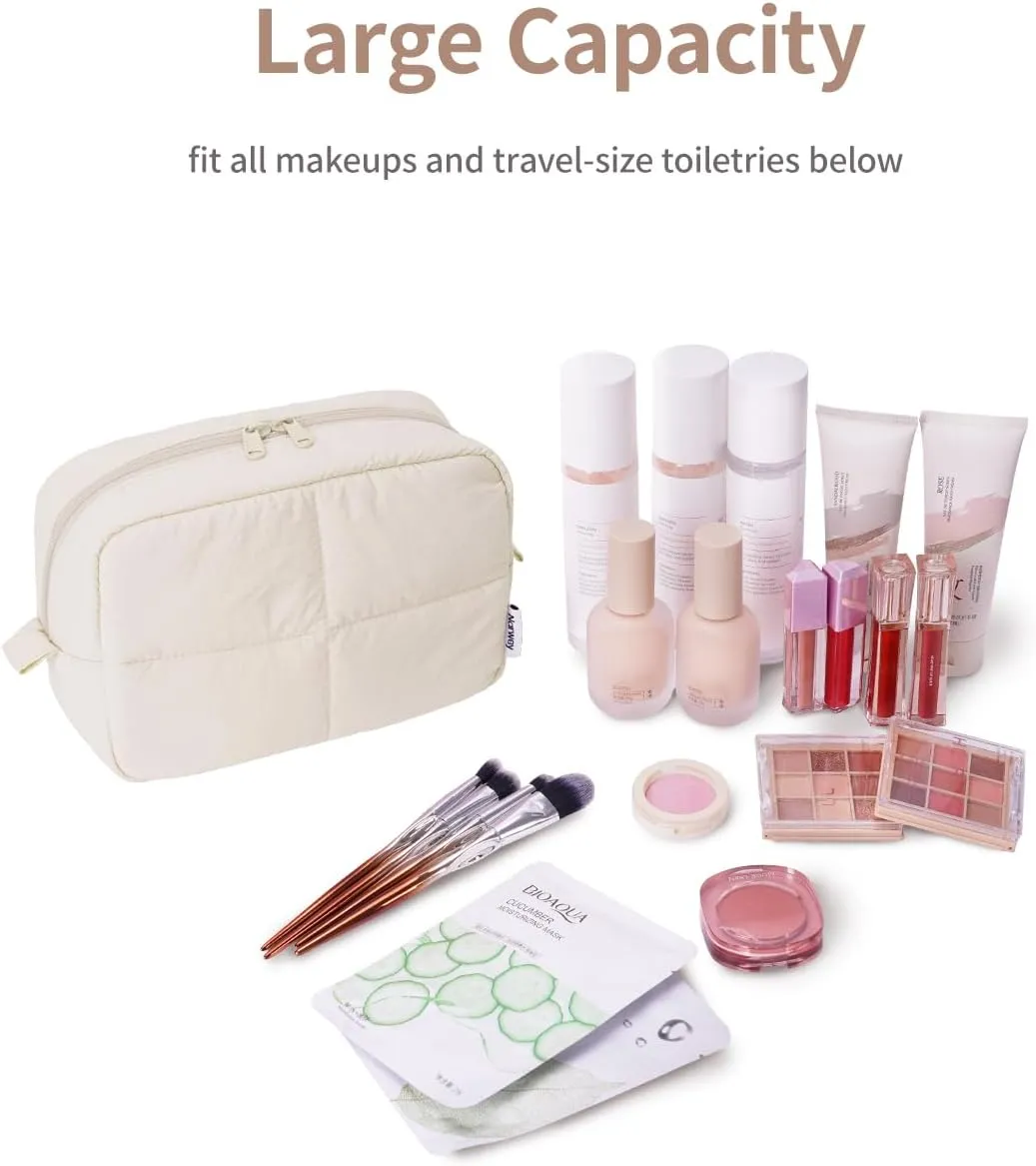 Narwey Puffy Makeup Bag for Travel Women Girl, Quilted Makeup Bag Cosmetic Bag, Cute Puffer Make Up Organizer Bags, Travel Toiletry Bag Toiletries (Beige)