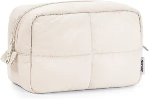 Narwey Puffy Makeup Bag for Travel Women Girl, Quilted Makeup Bag Cosmetic Bag, Cute Puffer Make Up Organizer Bags, Travel Toiletry Bag Toiletries (Beige)