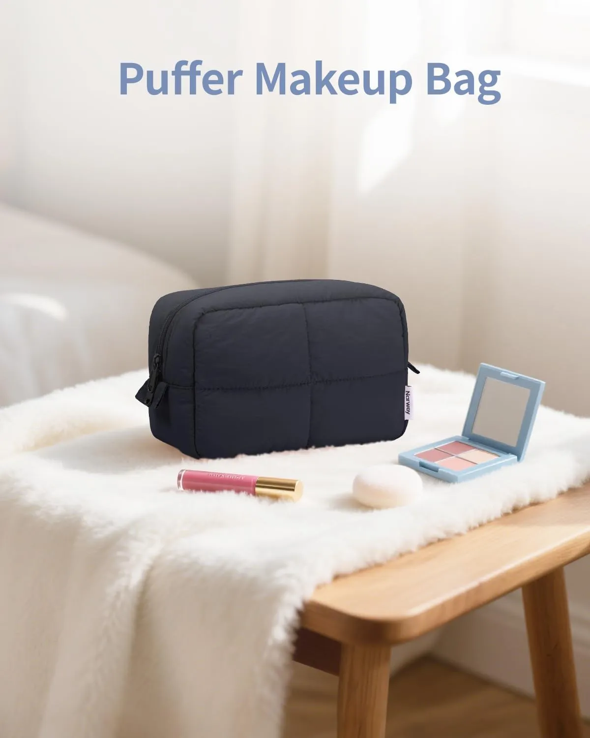 Narwey Puffy Makeup Bag for Travel Women Girl, Quilted Makeup Bag Cosmetic Bag, Cute Puffer Make Up Organizer Bags, Travel Toiletry Bag Toiletries (Black)