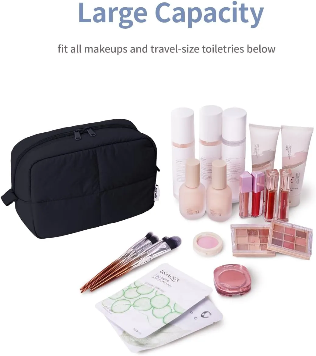 Narwey Puffy Makeup Bag for Travel Women Girl, Quilted Makeup Bag Cosmetic Bag, Cute Puffer Make Up Organizer Bags, Travel Toiletry Bag Toiletries (Black)
