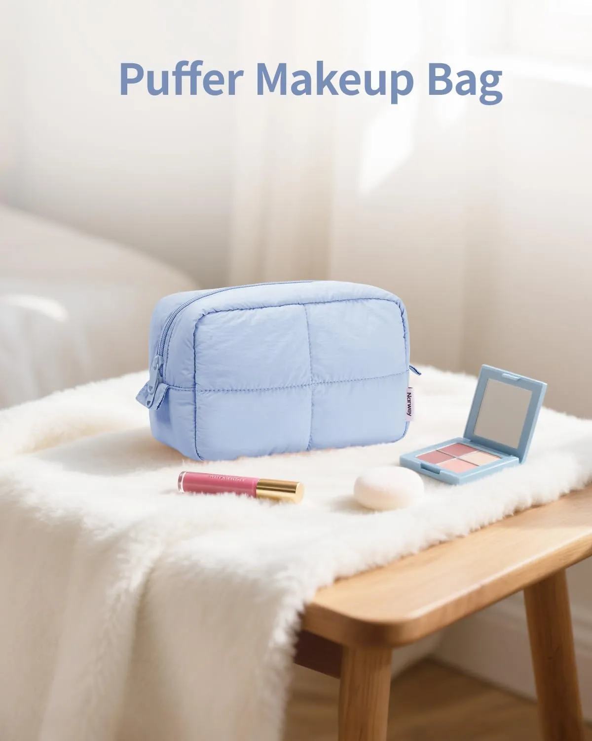 Narwey Puffy Makeup Bag for Travel Women Girl, Quilted Makeup Bag Cosmetic Bag, Cute Puffer Make Up Organizer Bags, Travel Toiletry Bag Toiletries (Blue)