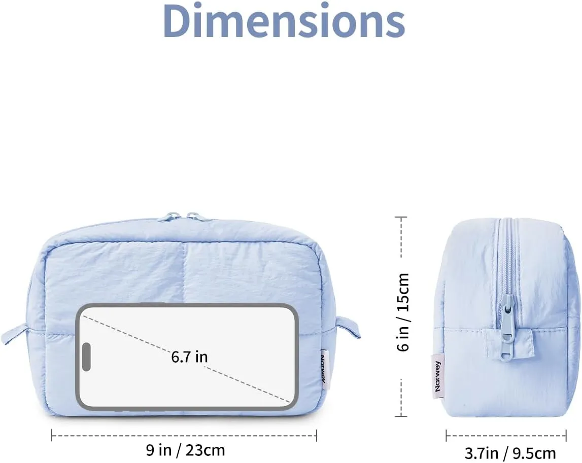 Narwey Puffy Makeup Bag for Travel Women Girl, Quilted Makeup Bag Cosmetic Bag, Cute Puffer Make Up Organizer Bags, Travel Toiletry Bag Toiletries (Blue)
