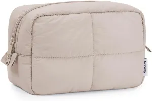 Narwey Puffy Makeup Bag for Travel Women Girl, Quilted Makeup Bag Cosmetic Bag, Cute Puffer Make Up Organizer Bags, Travel Toiletry Bag Toiletries (Khaki)