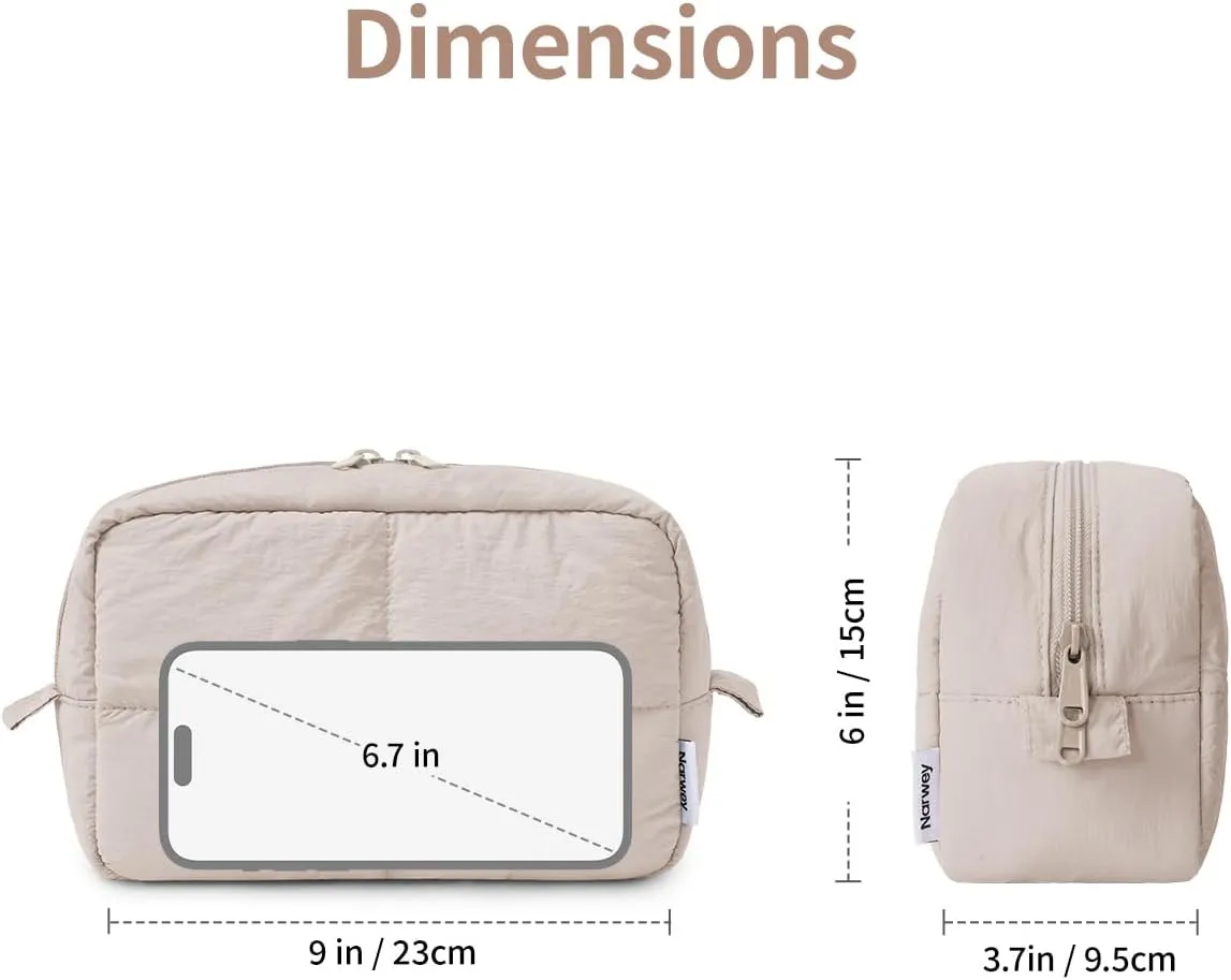 Narwey Puffy Makeup Bag for Travel Women Girl, Quilted Makeup Bag Cosmetic Bag, Cute Puffer Make Up Organizer Bags, Travel Toiletry Bag Toiletries (Khaki)