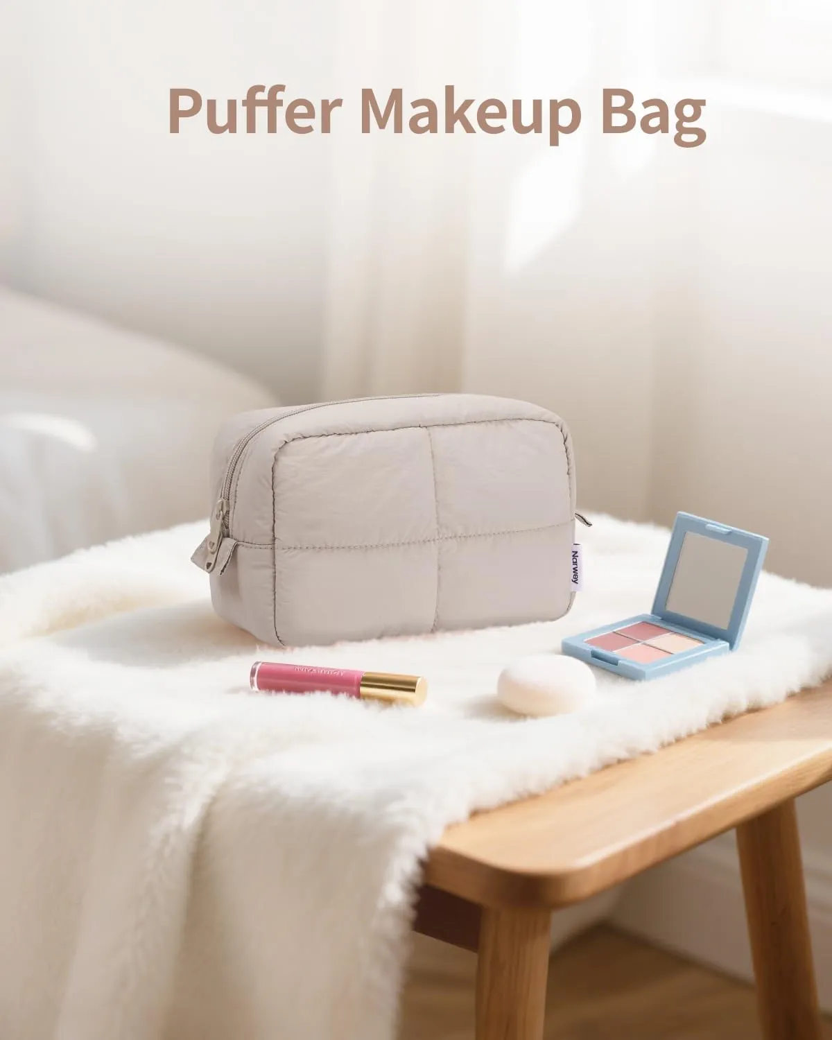 Narwey Puffy Makeup Bag for Travel Women Girl, Quilted Makeup Bag Cosmetic Bag, Cute Puffer Make Up Organizer Bags, Travel Toiletry Bag Toiletries (Khaki)