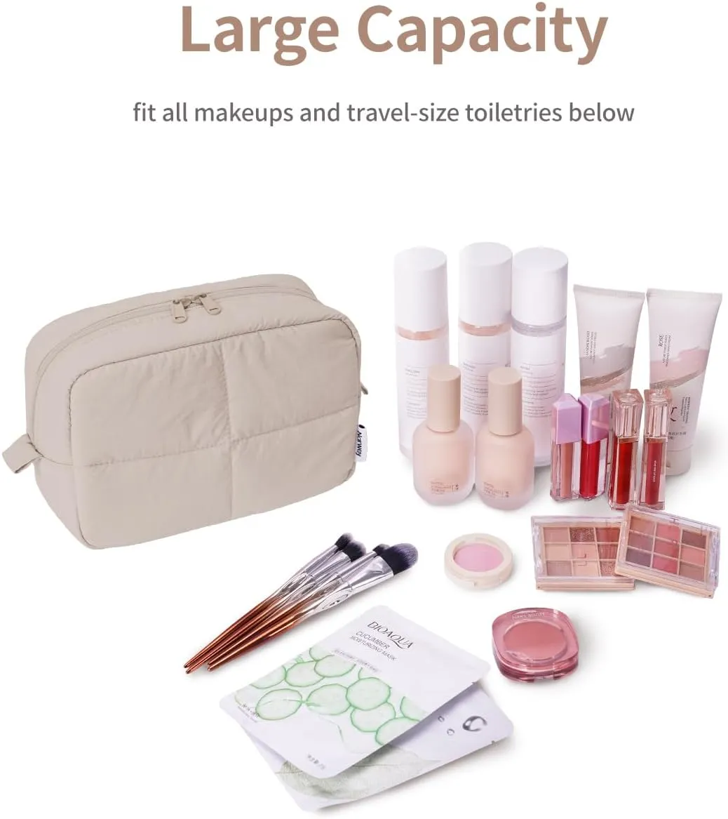 Narwey Puffy Makeup Bag for Travel Women Girl, Quilted Makeup Bag Cosmetic Bag, Cute Puffer Make Up Organizer Bags, Travel Toiletry Bag Toiletries (Khaki)