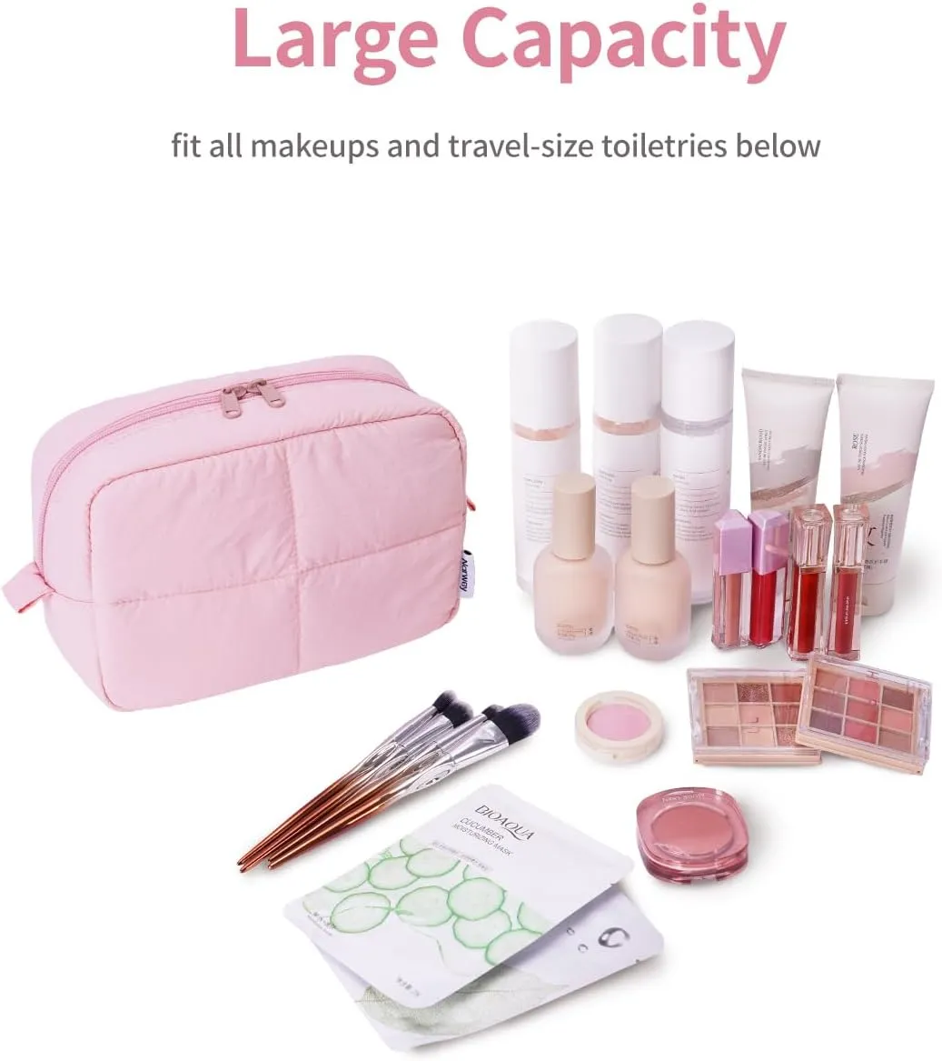 Narwey Puffy Makeup Bag for Travel Women Girl, Quilted Makeup Bag Cosmetic Bag, Cute Puffer Make Up Organizer Bags, Travel Toiletry Bag Toiletries (Pink)
