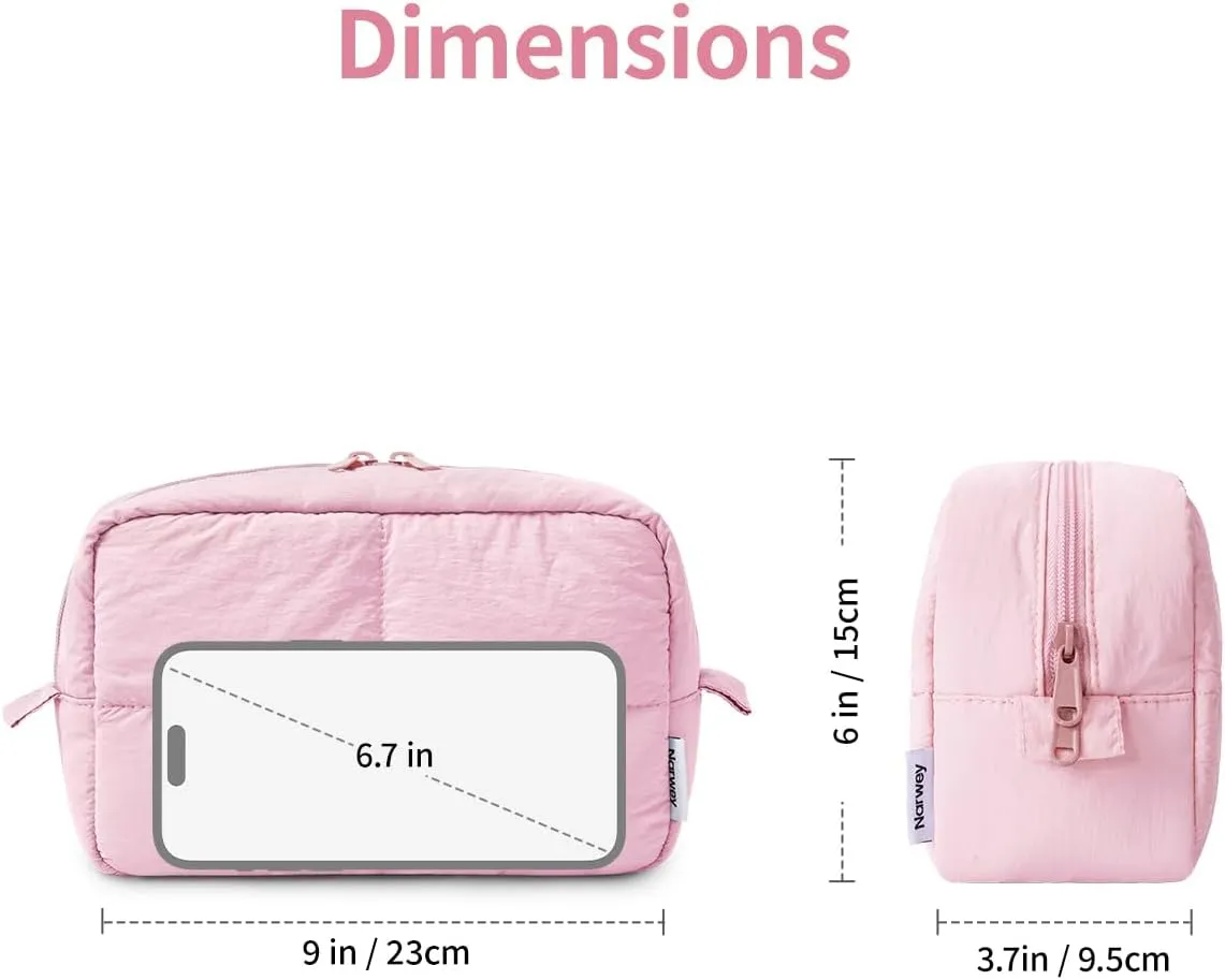 Narwey Puffy Makeup Bag for Travel Women Girl, Quilted Makeup Bag Cosmetic Bag, Cute Puffer Make Up Organizer Bags, Travel Toiletry Bag Toiletries (Pink)