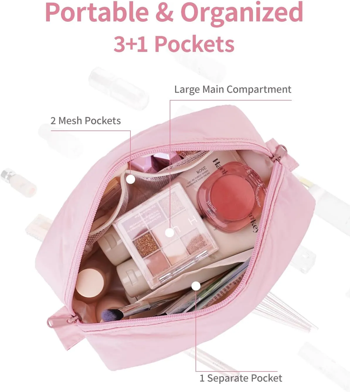 Narwey Puffy Makeup Bag for Travel Women Girl, Quilted Makeup Bag Cosmetic Bag, Cute Puffer Make Up Organizer Bags, Travel Toiletry Bag Toiletries (Pink)