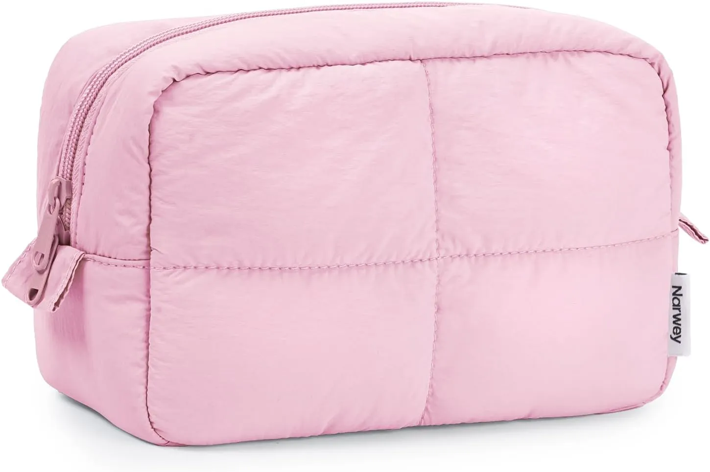 Narwey Puffy Makeup Bag for Travel Women Girl, Quilted Makeup Bag Cosmetic Bag, Cute Puffer Make Up Organizer Bags, Travel Toiletry Bag Toiletries (Pink)