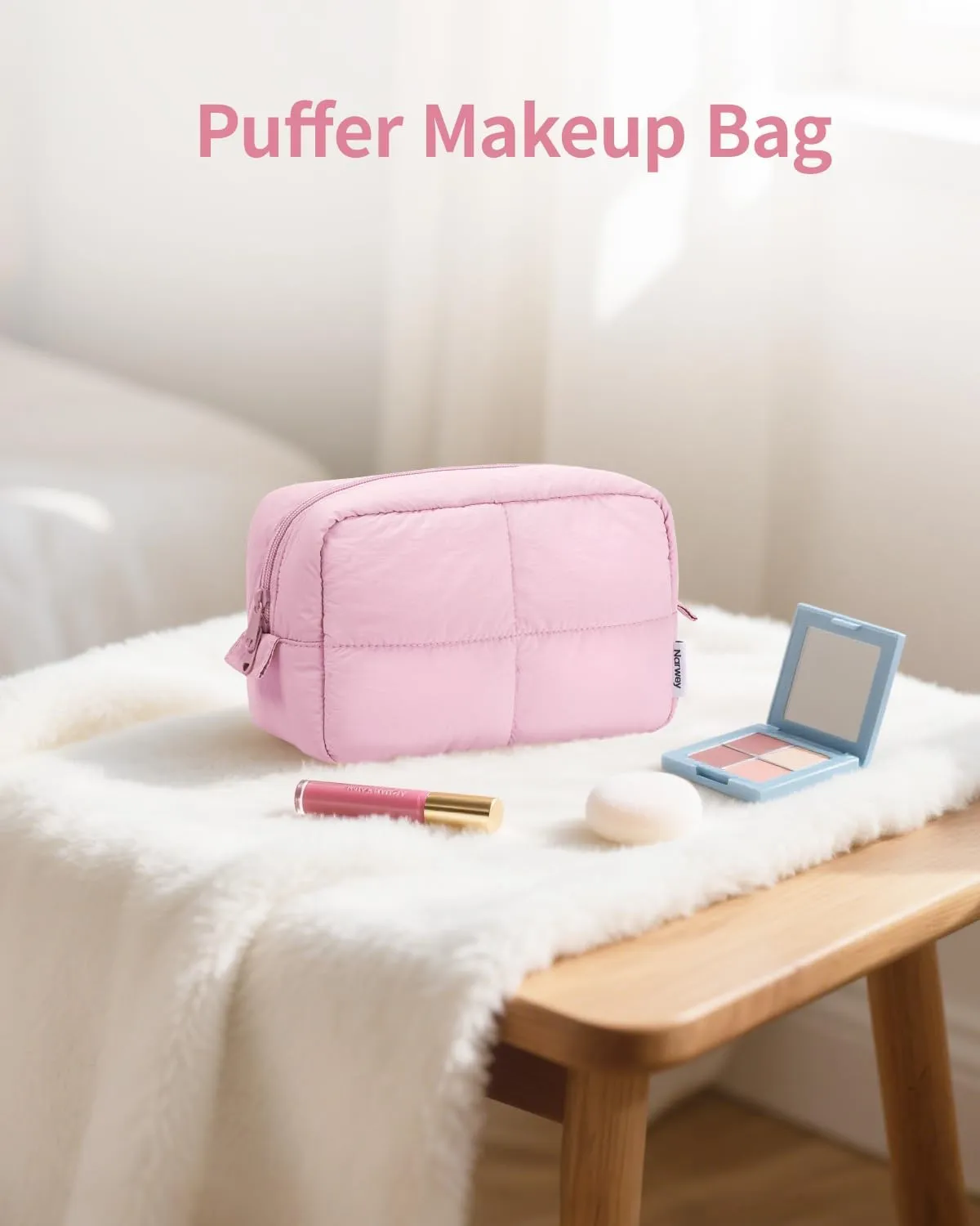 Narwey Puffy Makeup Bag for Travel Women Girl, Quilted Makeup Bag Cosmetic Bag, Cute Puffer Make Up Organizer Bags, Travel Toiletry Bag Toiletries (Pink)