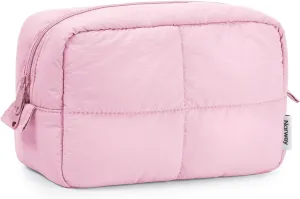 Narwey Puffy Makeup Bag for Travel Women Girl, Quilted Makeup Bag Cosmetic Bag, Cute Puffer Make Up Organizer Bags, Travel Toiletry Bag Toiletries (Pink)