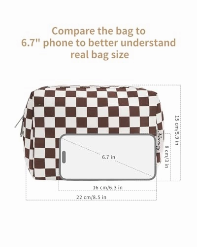 Narwey Checkered Makeup Bag Travel Cosmetic Bag Organizer Toiletry Bag Make Up Bags with Compartments for Women Girls (Large, Dark Checkerboard)