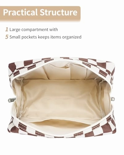Narwey Checkered Makeup Bag Travel Cosmetic Bag Organizer Toiletry Bag Make Up Bags with Compartments for Women Girls (Large, Dark Checkerboard)
