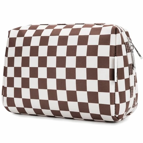Narwey Checkered Makeup Bag Travel Cosmetic Bag Organizer Toiletry Bag Make Up Bags with Compartments for Women Girls (Large, Dark Checkerboard)