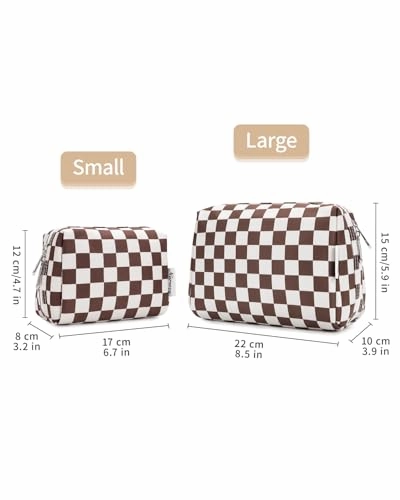 Narwey Checkered Makeup Bag Travel Cosmetic Bag Organizer Toiletry Bag Make Up Bags with Compartments for Women Girls (Large, Dark Checkerboard)
