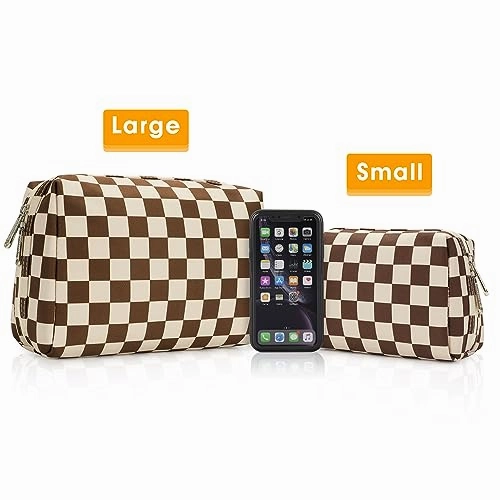 Narwey Checkered Makeup Bag Travel Cosmetic Bag Organizer Toiletry Bag Make Up Bags with Compartments for Women Girls (Large, Dark Checkerboard)