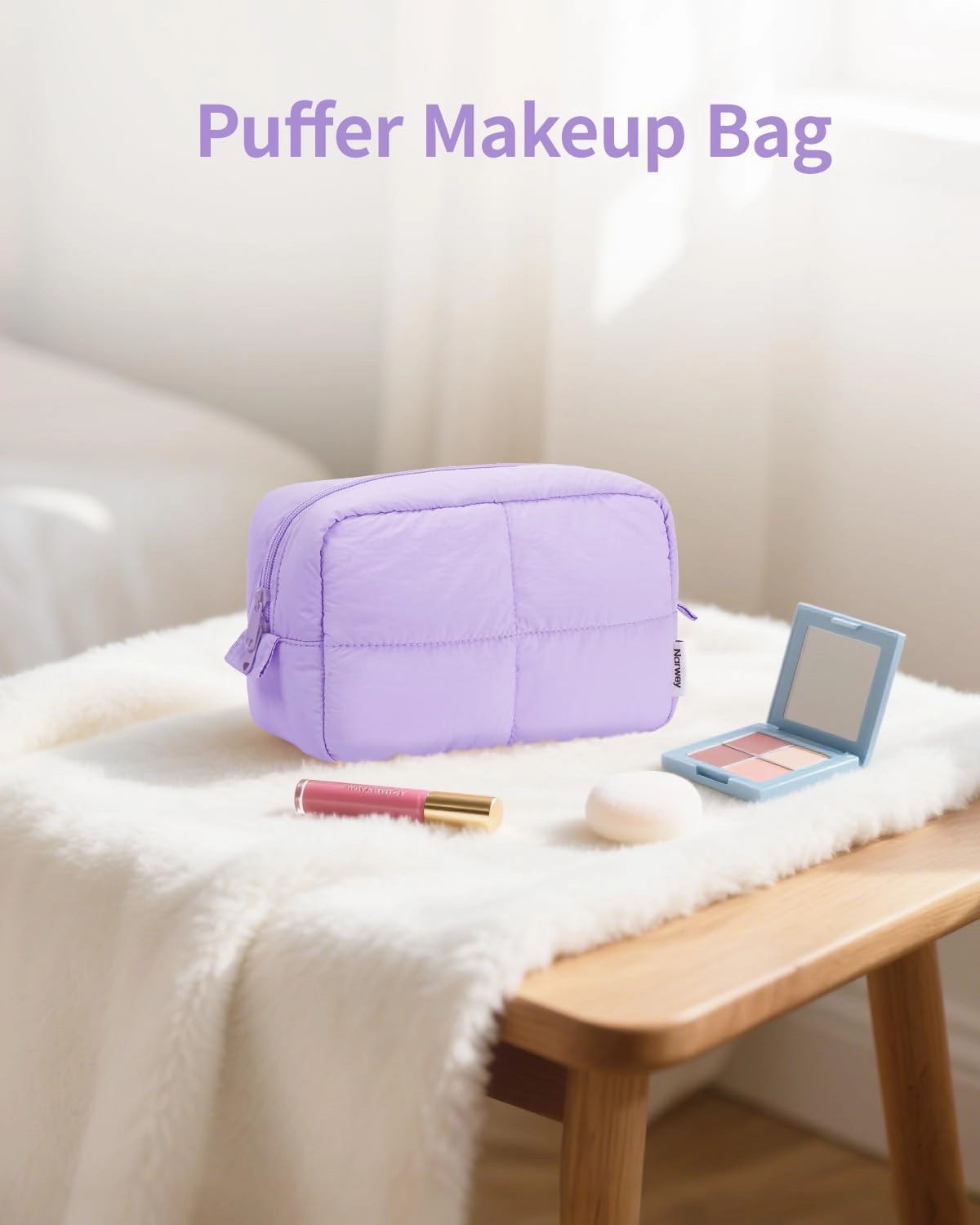 Narwey Puffy Makeup Bag for Travel Women Girl, Quilted Makeup Bag Cosmetic Bag, Cute Puffer Make Up Organizer Bags, Travel Toiletry Bag Toiletries (Purple)