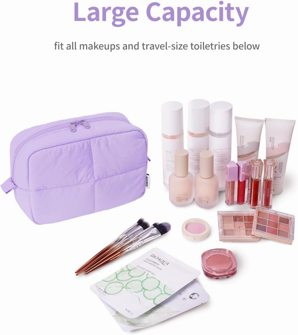 Narwey Puffy Makeup Bag for Travel Women Girl, Quilted Makeup Bag Cosmetic Bag, Cute Puffer Make Up Organizer Bags, Travel Toiletry Bag Toiletries (Purple)