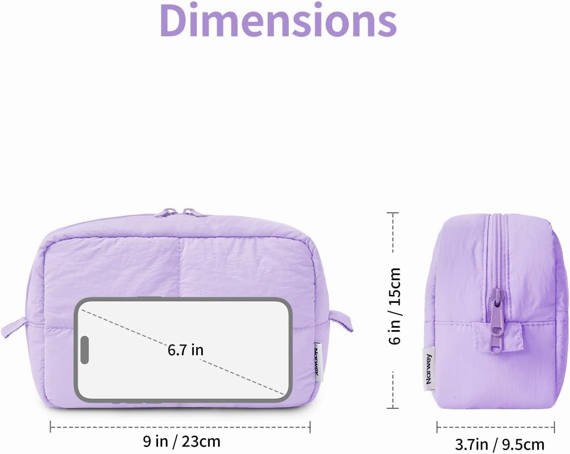 Narwey Puffy Makeup Bag for Travel Women Girl, Quilted Makeup Bag Cosmetic Bag, Cute Puffer Make Up Organizer Bags, Travel Toiletry Bag Toiletries (Purple)