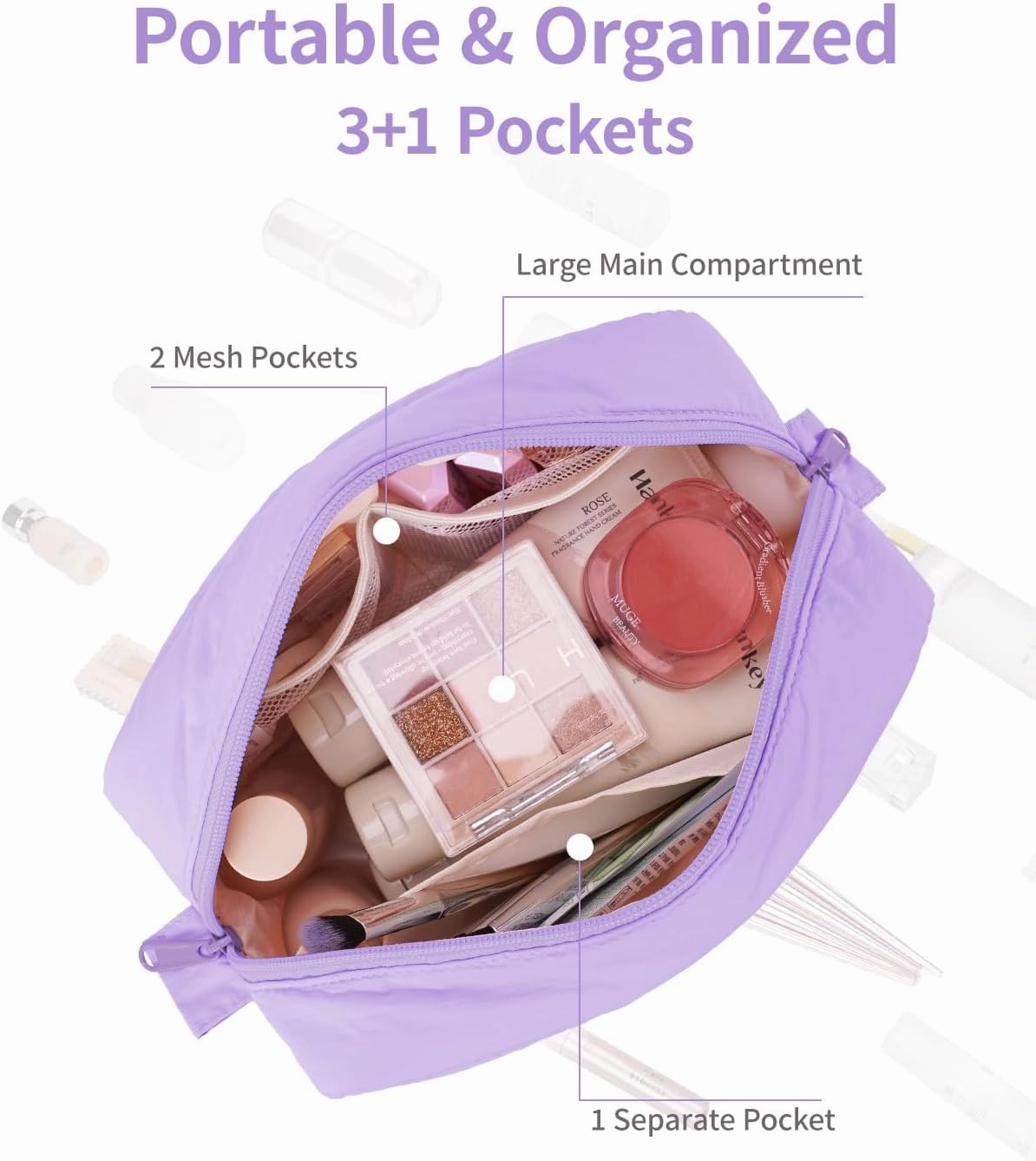 Narwey Puffy Makeup Bag for Travel Women Girl, Quilted Makeup Bag Cosmetic Bag, Cute Puffer Make Up Organizer Bags, Travel Toiletry Bag Toiletries (Purple)