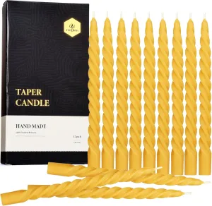 Natural Beeswax Spiral Taper Candles Bulk -12 pcs - Organic Dripless Long Candle Sticks for Dinner Wedding Party Christmas Home Decorations - 10 Inch Tall - Yellow