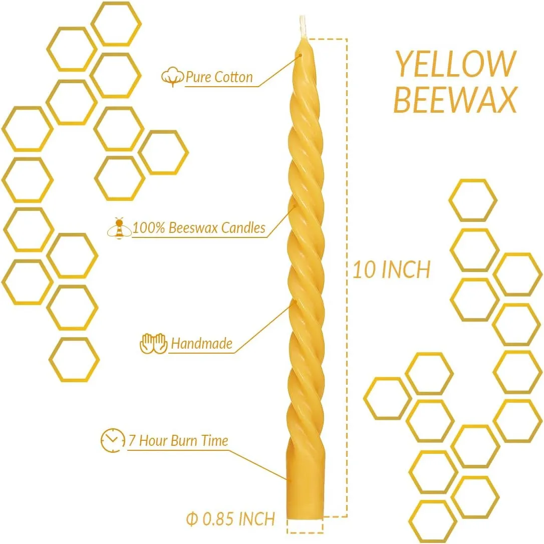 Natural Beeswax Spiral Taper Candles Bulk -12 pcs - Organic Dripless Long Candle Sticks for Dinner Wedding Party Christmas Home Decorations - 10 Inch Tall - Yellow