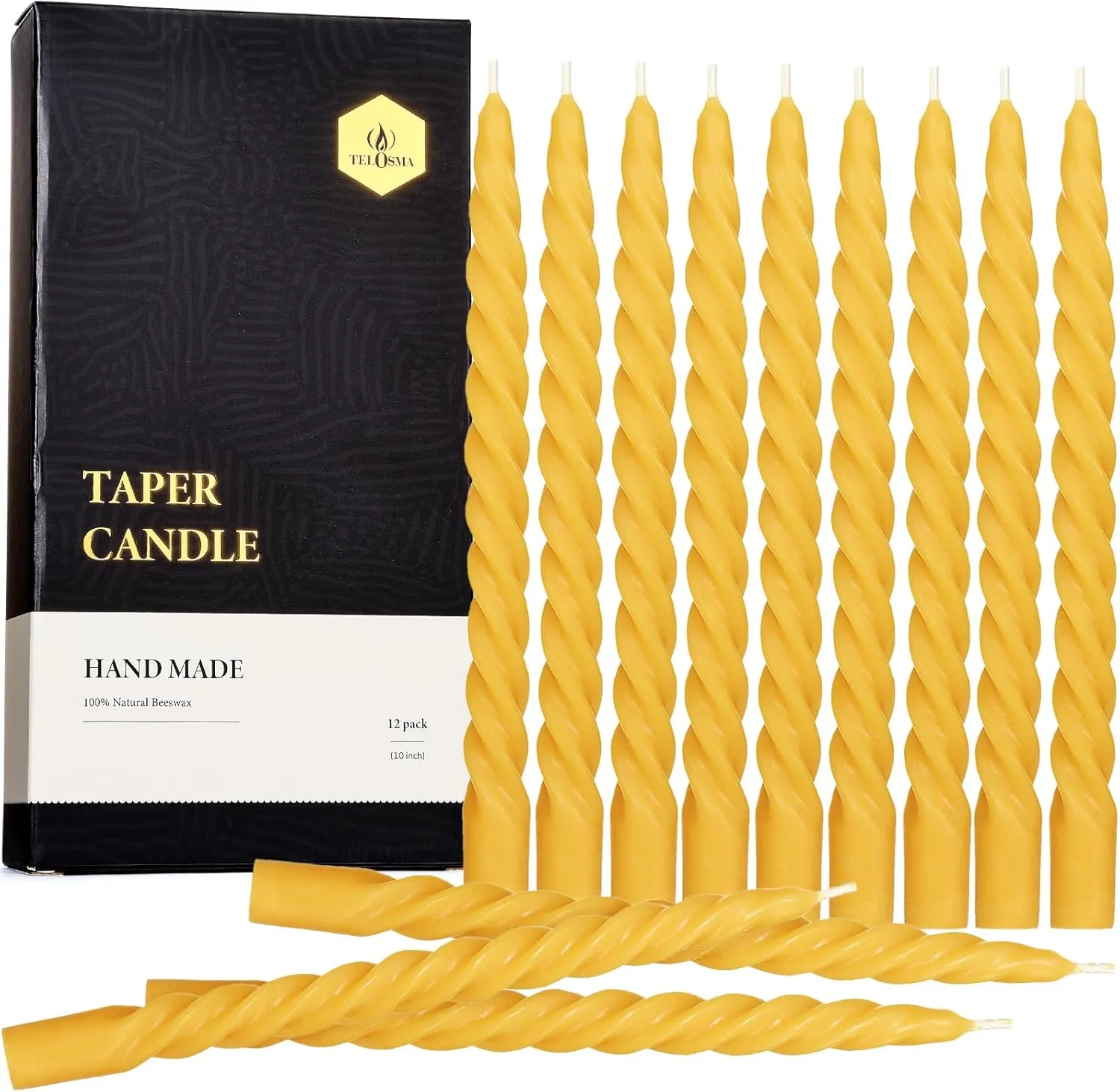 Natural Beeswax Spiral Taper Candles Bulk -12 pcs - Organic Dripless Long Candle Sticks for Dinner Wedding Party Christmas Home Decorations - 10 Inch Tall - Yellow