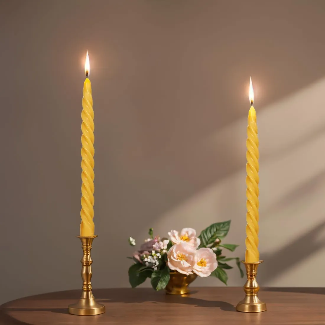 Natural Beeswax Spiral Taper Candles Bulk -12 pcs - Organic Dripless Long Candle Sticks for Dinner Wedding Party Christmas Home Decorations - 10 Inch Tall - Yellow