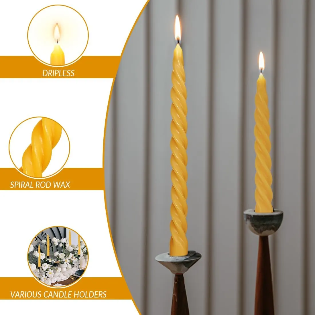 Natural Beeswax Spiral Taper Candles Bulk -12 pcs - Organic Dripless Long Candle Sticks for Dinner Wedding Party Christmas Home Decorations - 10 Inch Tall - Yellow