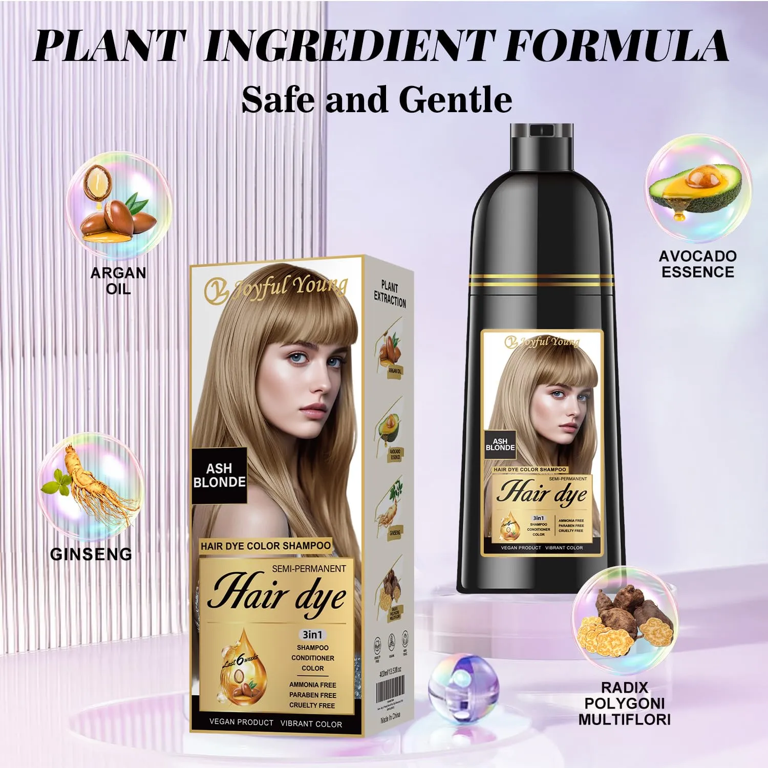 Natural Hair Dye Shampoo 3 IN 1, Gray Hair Coverage, Vegan, Ammonia-Free & Paraben-Free Hair Coloring Shampoo for Women & Men, Beard Dye for Men, Nourishing Gentle (ASH BLONDE)