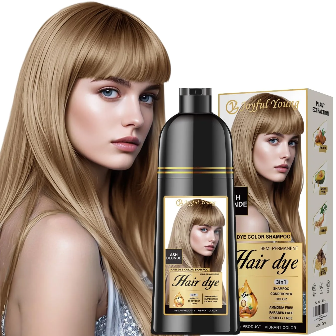 Natural Hair Dye Shampoo 3 IN 1, Gray Hair Coverage, Vegan, Ammonia-Free & Paraben-Free Hair Coloring Shampoo for Women & Men, Beard Dye for Men, Nourishing Gentle (ASH BLONDE)