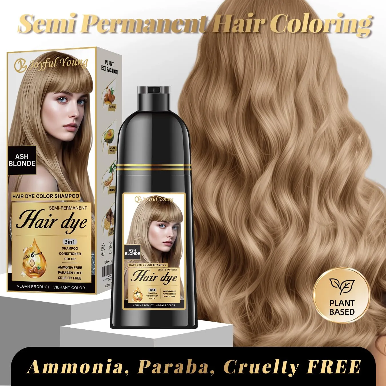 Natural Hair Dye Shampoo 3 IN 1, Gray Hair Coverage, Vegan, Ammonia-Free & Paraben-Free Hair Coloring Shampoo for Women & Men, Beard Dye for Men, Nourishing Gentle (ASH BLONDE)