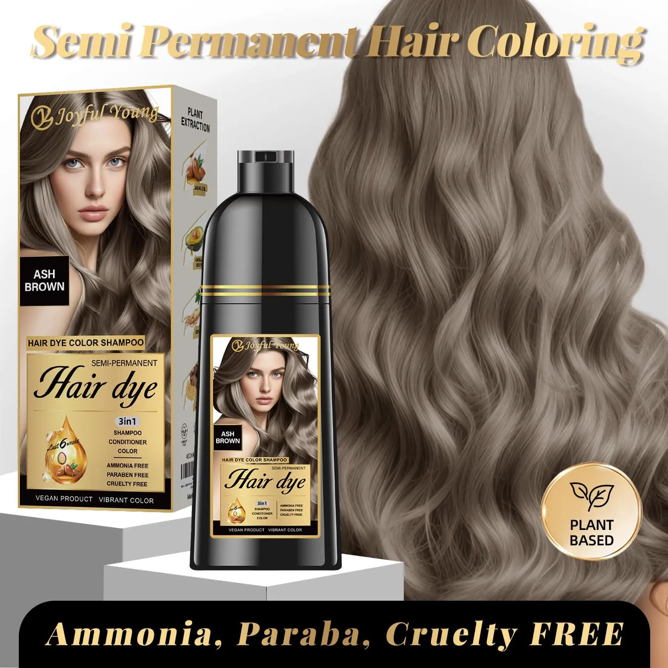 Natural Hair Dye Shampoo 3 IN 1, Gray Hair Coverage, Vegan, Ammonia-Free & Paraben-Free Hair Coloring Shampoo for Women & Men, Beard Dye for Men, Nourishing Gentle Easy to Use (ASH BROWN)