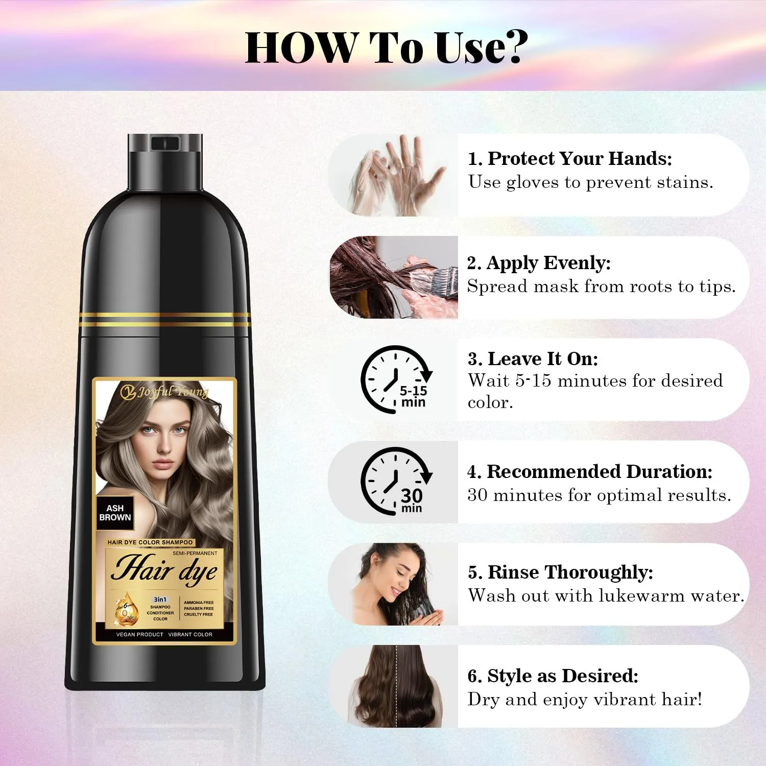 Natural Hair Dye Shampoo 3 IN 1, Gray Hair Coverage, Vegan, Ammonia-Free & Paraben-Free Hair Coloring Shampoo for Women & Men, Beard Dye for Men, Nourishing Gentle Easy to Use (ASH BROWN)