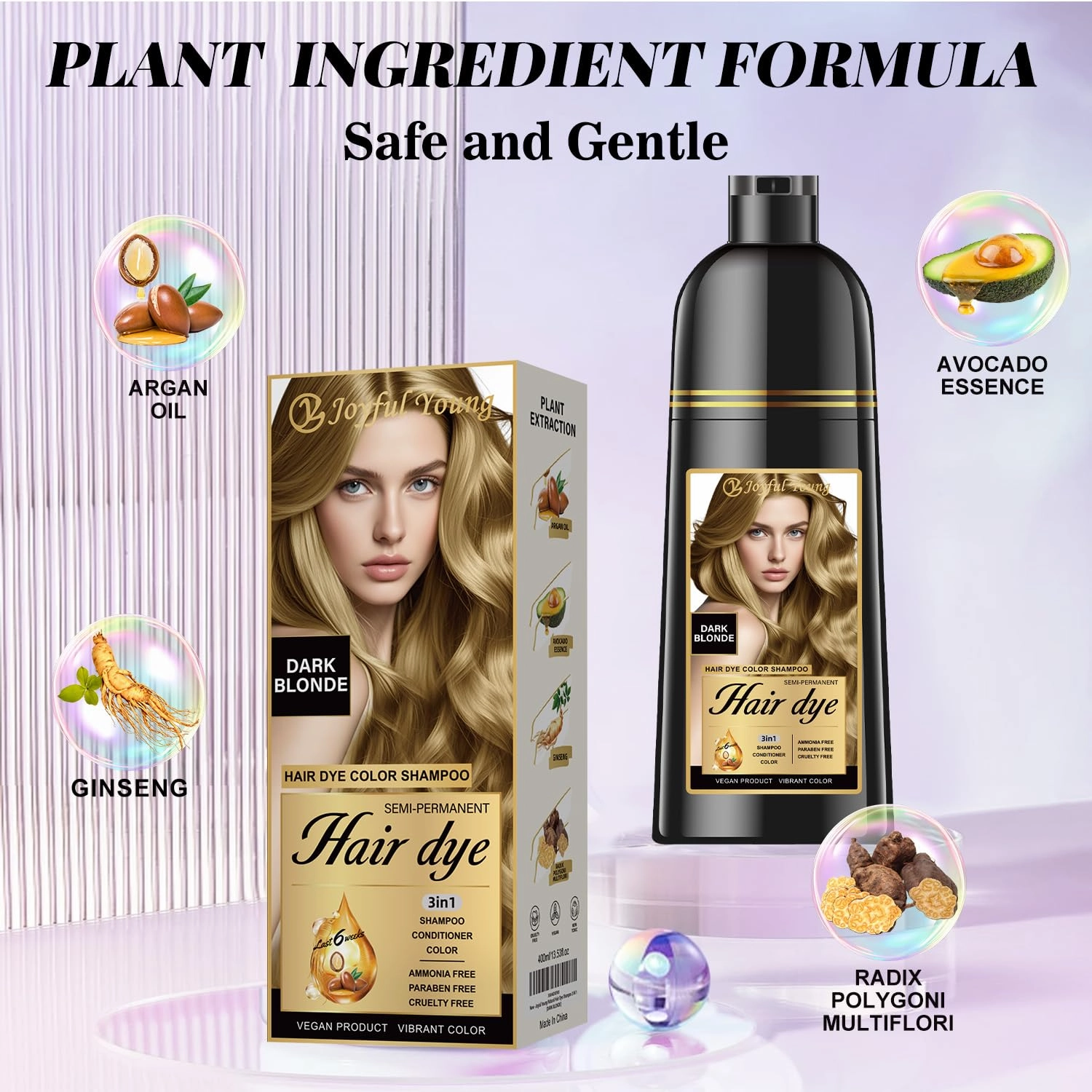 Natural Hair Dye Shampoo 3 IN 1, Gray Hair Coverage, Vegan, Ammonia-Free & Paraben-Free Hair Coloring Shampoo for Women Men, Beard Dye for Men, Nourishing Gentle Easy to Use (DARK BLONDE)