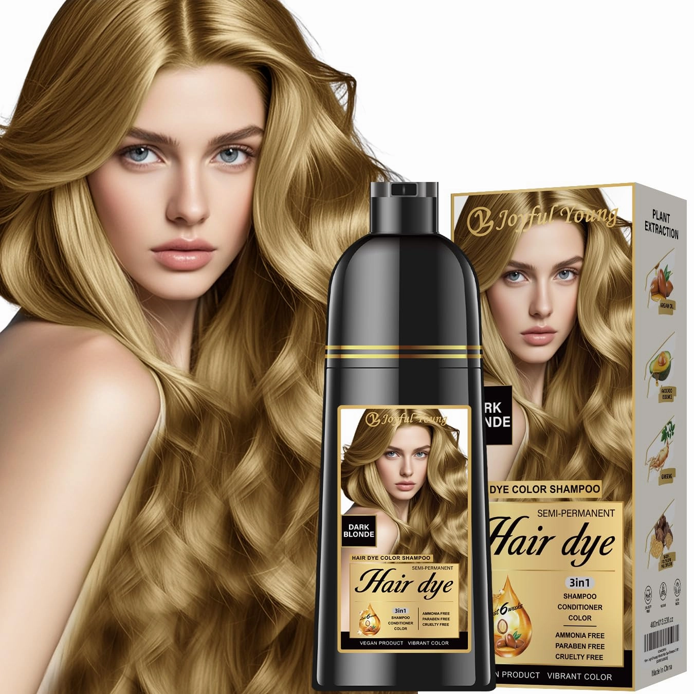 Natural Hair Dye Shampoo 3 IN 1, Gray Hair Coverage, Vegan, Ammonia-Free & Paraben-Free Hair Coloring Shampoo for Women Men, Beard Dye for Men, Nourishing Gentle Easy to Use (DARK BLONDE)