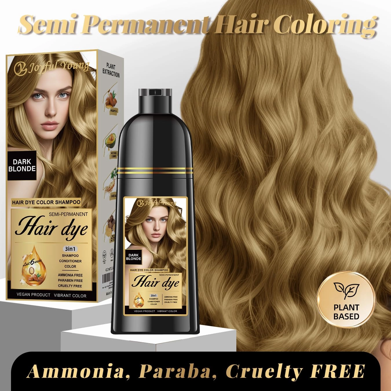Natural Hair Dye Shampoo 3 IN 1, Gray Hair Coverage, Vegan, Ammonia-Free & Paraben-Free Hair Coloring Shampoo for Women Men, Beard Dye for Men, Nourishing Gentle Easy to Use (DARK BLONDE)