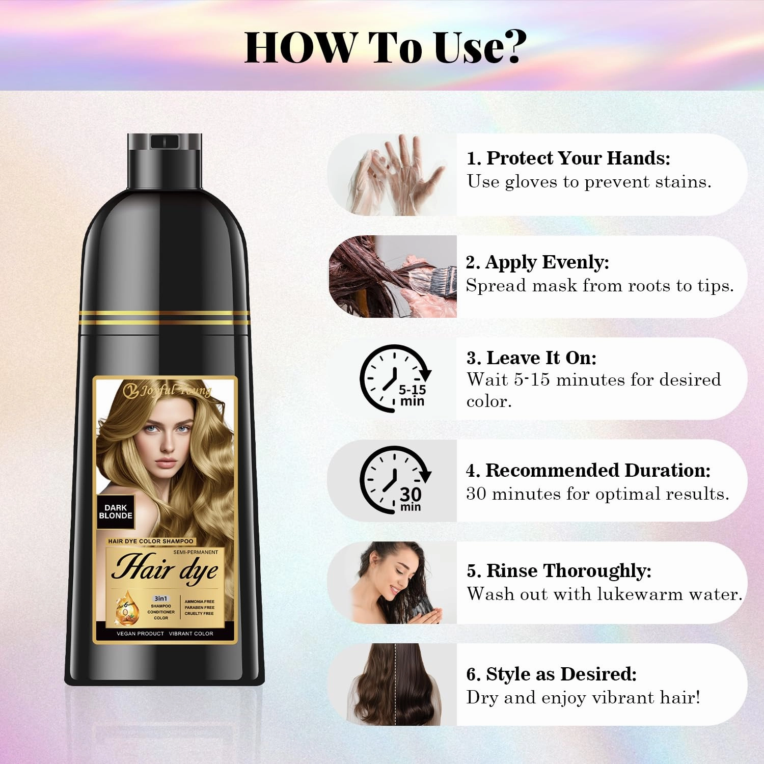 Natural Hair Dye Shampoo 3 IN 1, Gray Hair Coverage, Vegan, Ammonia-Free & Paraben-Free Hair Coloring Shampoo for Women Men, Beard Dye for Men, Nourishing Gentle Easy to Use (DARK BLONDE)