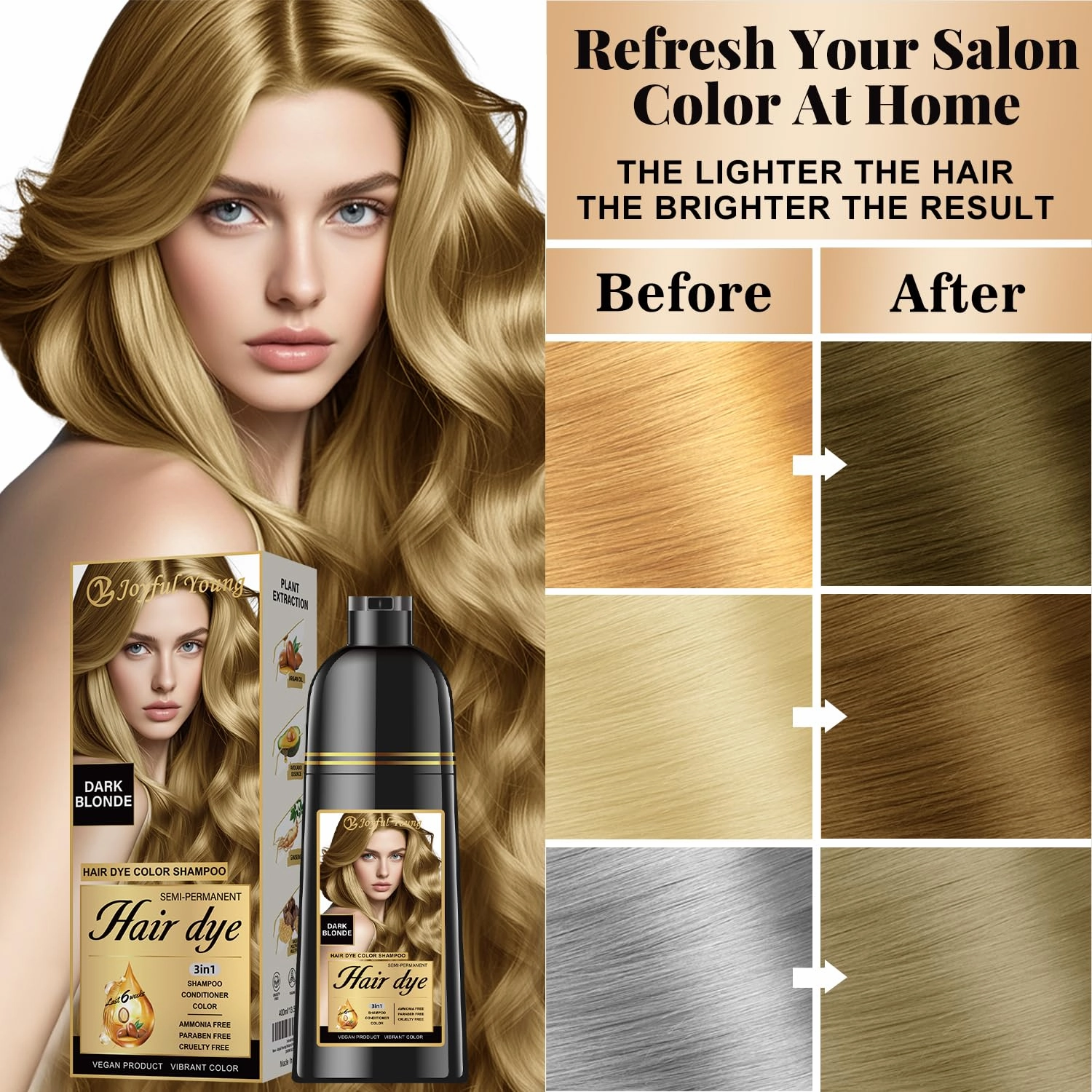 Natural Hair Dye Shampoo 3 IN 1, Gray Hair Coverage, Vegan, Ammonia-Free & Paraben-Free Hair Coloring Shampoo for Women Men, Beard Dye for Men, Nourishing Gentle Easy to Use (DARK BLONDE)