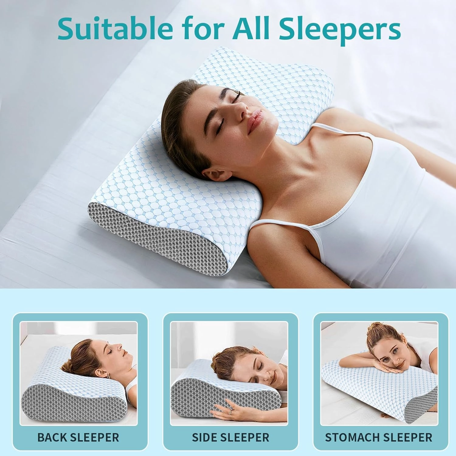 Neck Pillow Memory Foam Pillows - Cooling Neck Support Pillow for Pain Relief, Ergonomic Cervical Pillow for Sleeping, Orthopedic Contour Bed Pillow for Side, Back & Stomach Sleepers (Blue & Grey)