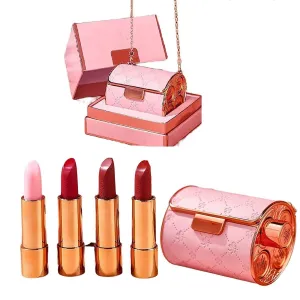 New Velvet Matte Lipstick Set with Glamour Chain Pouch, 4 Colors Lip Stick with an Elegant Leather Chain Bag, Matte Lipstick Set 4 Colors Lip Stick with Sliver Chain Bag(1 Set/4 PCS (with bag))
