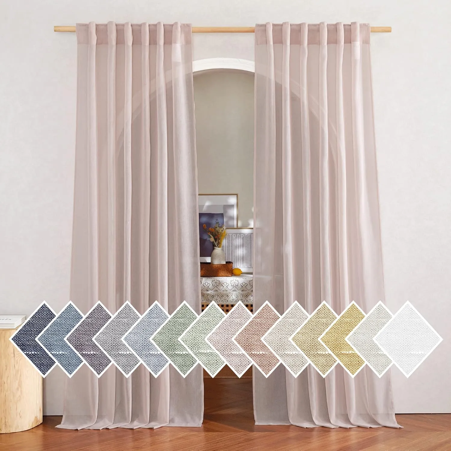 NICETOWN Blush Pink Linen Curtains for Princess Room, Rod Pocket & Back Tab Top Casual Semi Sheer Linen Blend Light Filtering Window Drapes Privacy for Nursery/Daughter's Bedroom, 2 Panels