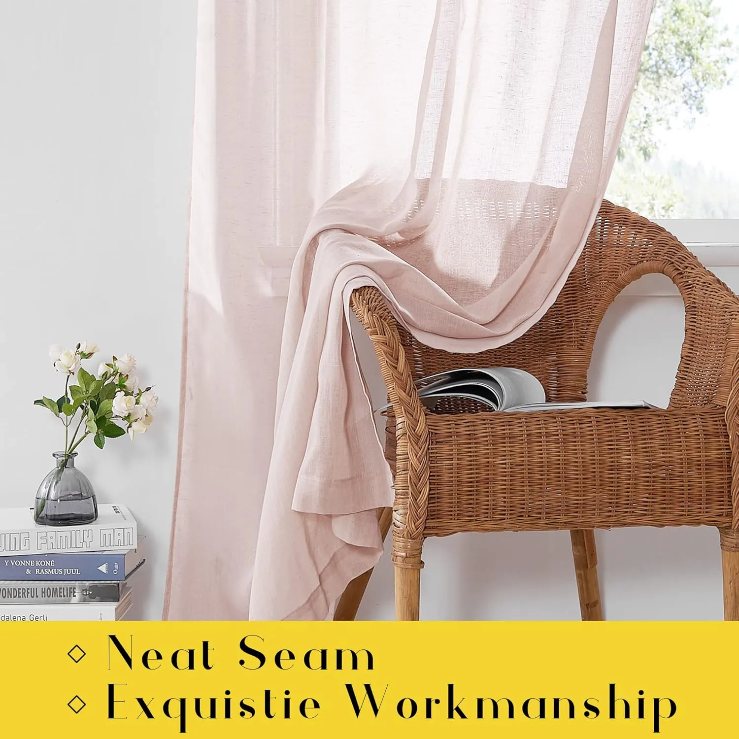 NICETOWN Blush Pink Linen Sheer Curtains 84 inch Length, Adjustable Tie Top DIY Crafted Flax Semi Sheer Privacy with Light Filtering Vertical Drapes for Bedroom/Living Room, W52 x L84